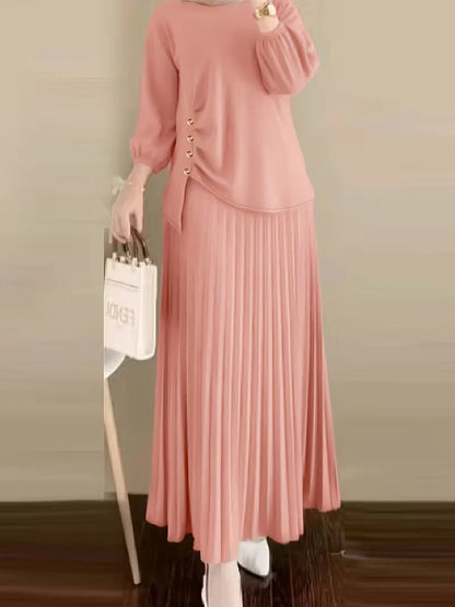 Effortless Everyday Elegance — Ruffle Blouse and Pleated Skirt Coord Set for Women