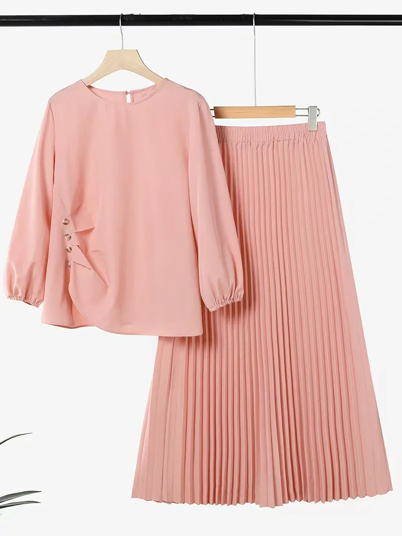 Effortless Everyday Elegance — Ruffle Blouse and Pleated Skirt Coord Set for Women