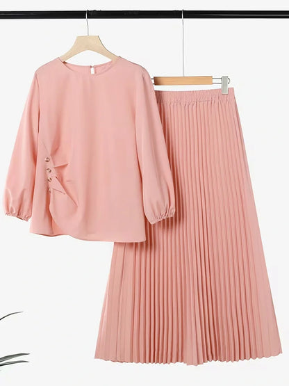 Effortless Everyday Elegance — Ruffle Blouse and Pleated Skirt Coord Set for Women