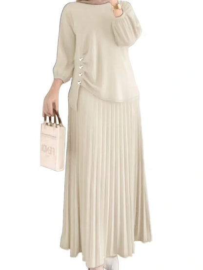 Effortless Everyday Elegance — Ruffle Blouse and Pleated Skirt Coord Set for Women