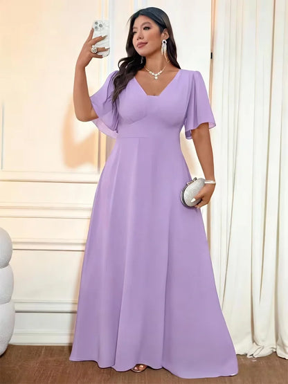Flowy Flutter Sleeve Maxi Dress for Women — Elegant Plus Size Evening Gown