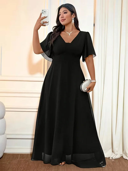 Flowy Flutter Sleeve Maxi Dress for Women — Elegant Plus Size Evening Gown