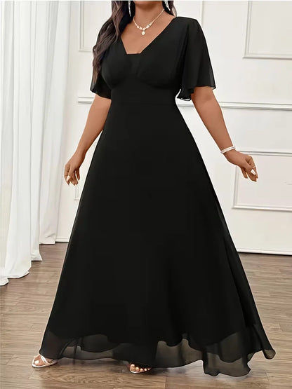 Flowy Flutter Sleeve Maxi Dress for Women — Elegant Plus Size Evening Gown