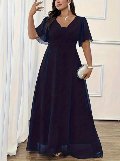 Flowy Flutter Sleeve Maxi Dress for Women — Elegant Plus Size Evening Gown