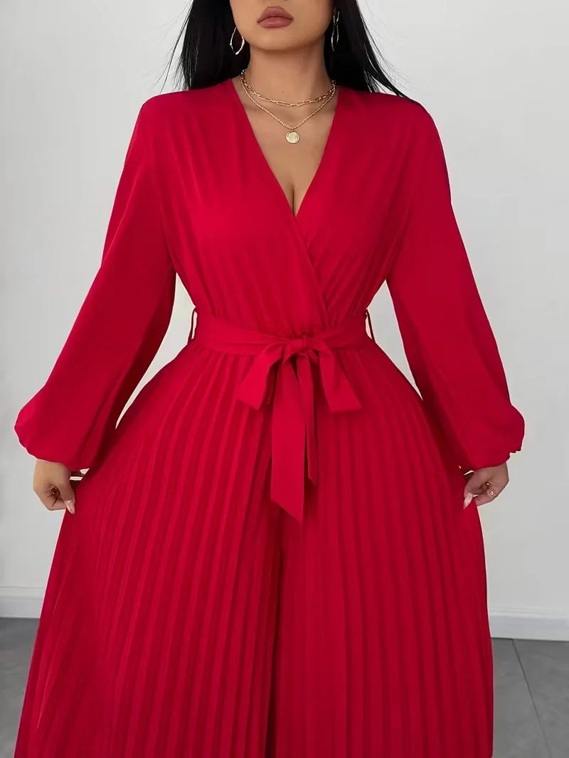 V Neck Belted Wide Leg Jumpsuit for Women — Plus Size Long Sleeve Pleated Palazzo Jumpsuit