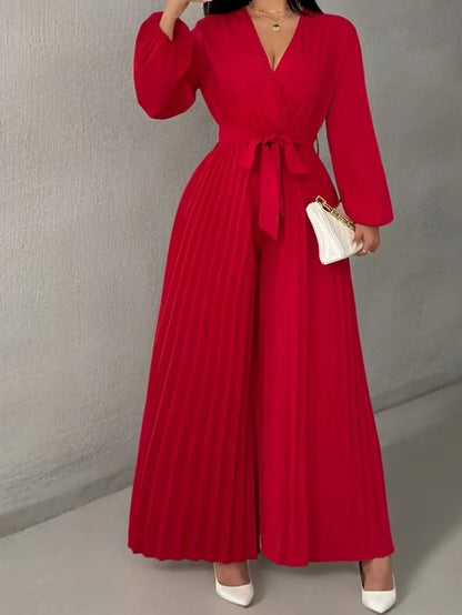 V Neck Belted Wide Leg Jumpsuit for Women — Plus Size Long Sleeve Pleated Palazzo Jumpsuit