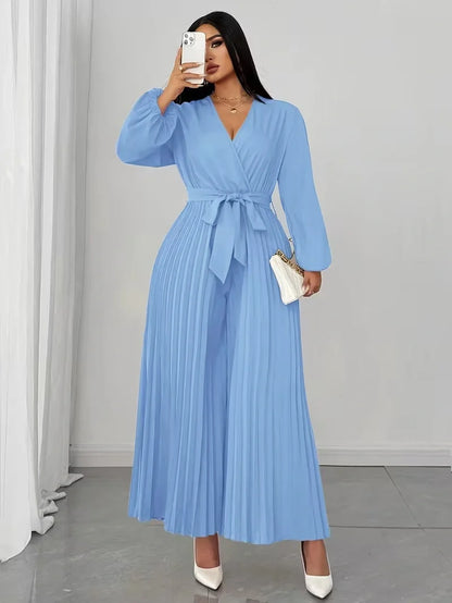 V Neck Belted Wide Leg Jumpsuit for Women — Plus Size Long Sleeve Pleated Palazzo Jumpsuit