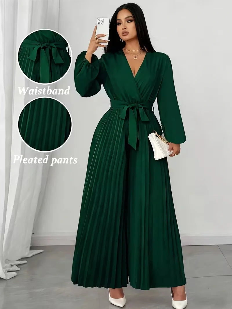 V Neck Belted Wide Leg Jumpsuit for Women — Plus Size Long Sleeve Pleated Palazzo Jumpsuit