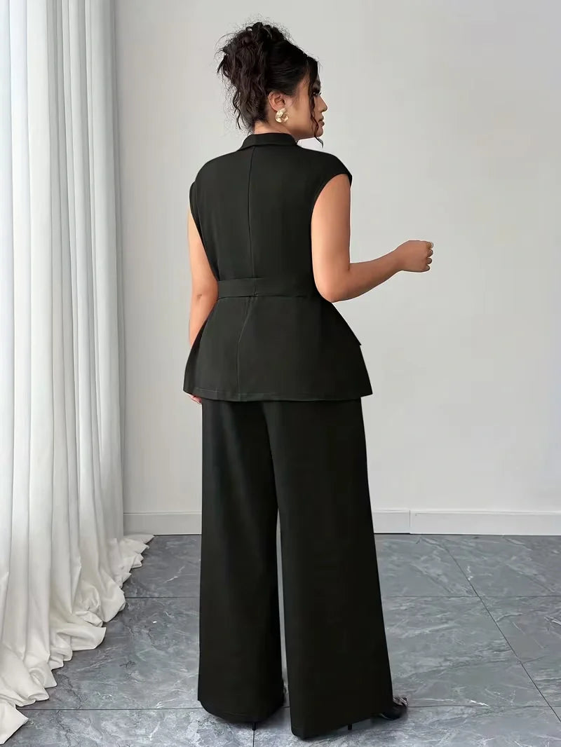 Belted Lapel Vest and Wide Leg Trouser Set for Women — Plus Size Power Co-ord