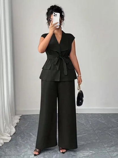 Belted Lapel Vest and Wide Leg Trouser Set for Women — Plus Size Power Co-ord
