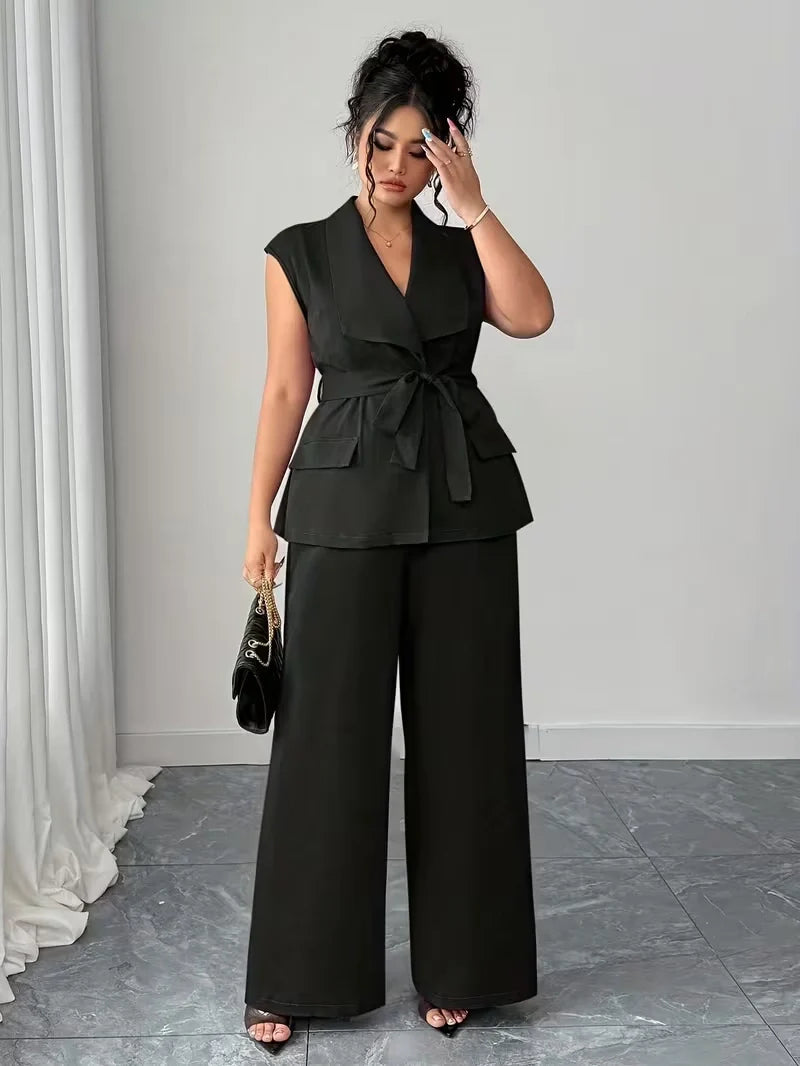 Belted Lapel Vest and Wide Leg Trouser Set for Women — Plus Size Power Co-ord