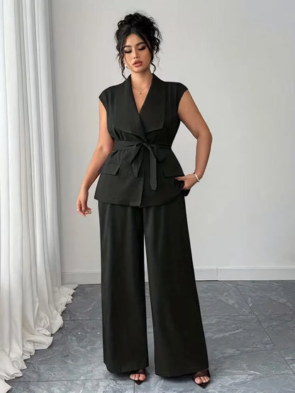 Belted Lapel Vest and Wide Leg Trouser Set for Women — Plus Size Power Co-ord
