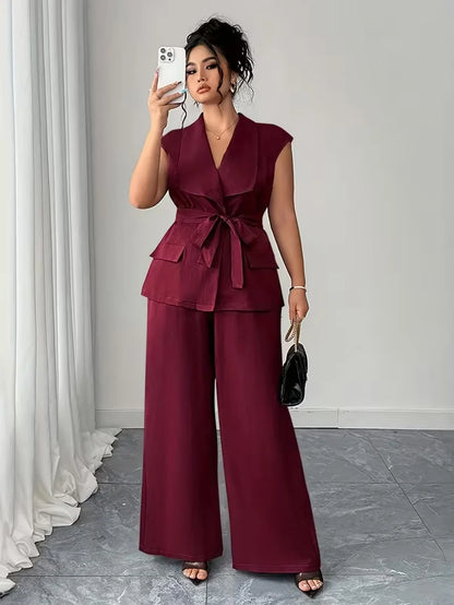 Belted Lapel Vest and Wide Leg Trouser Set for Women — Plus Size Power Co-ord