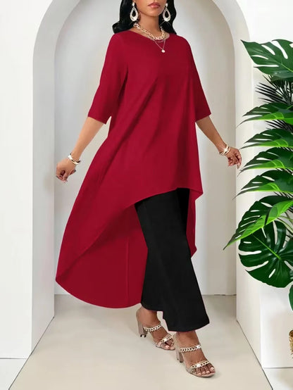 Irregular Hem Longline Top and Wide Leg Pants Set for Women — Plus Size Two Tone Co-ord