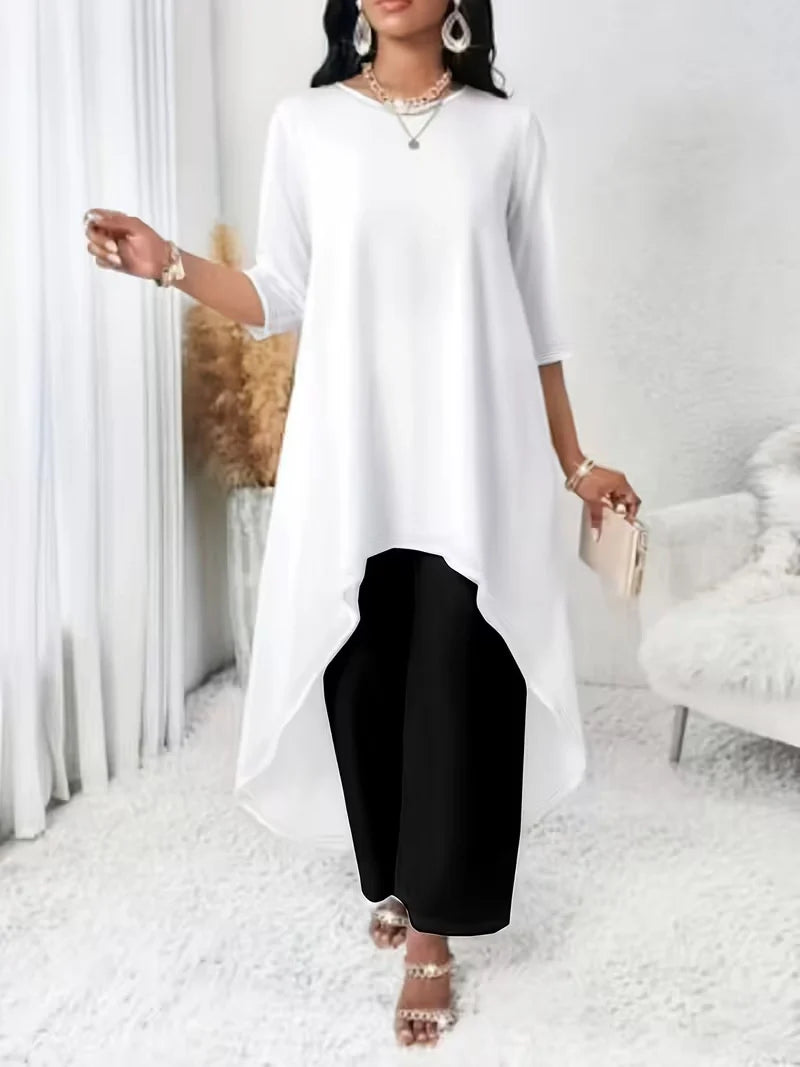 Irregular Hem Longline Top and Wide Leg Pants Set for Women — Plus Size Two Tone Co-ord