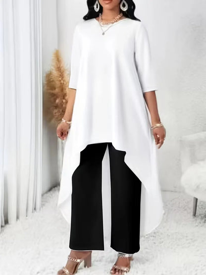 Irregular Hem Longline Top and Wide Leg Pants Set for Women — Plus Size Two Tone Co-ord