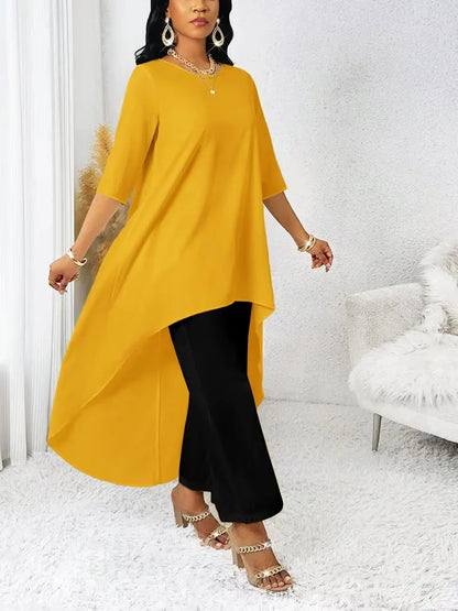 Irregular Hem Longline Top and Wide Leg Pants Set for Women — Plus Size Two Tone Co-ord