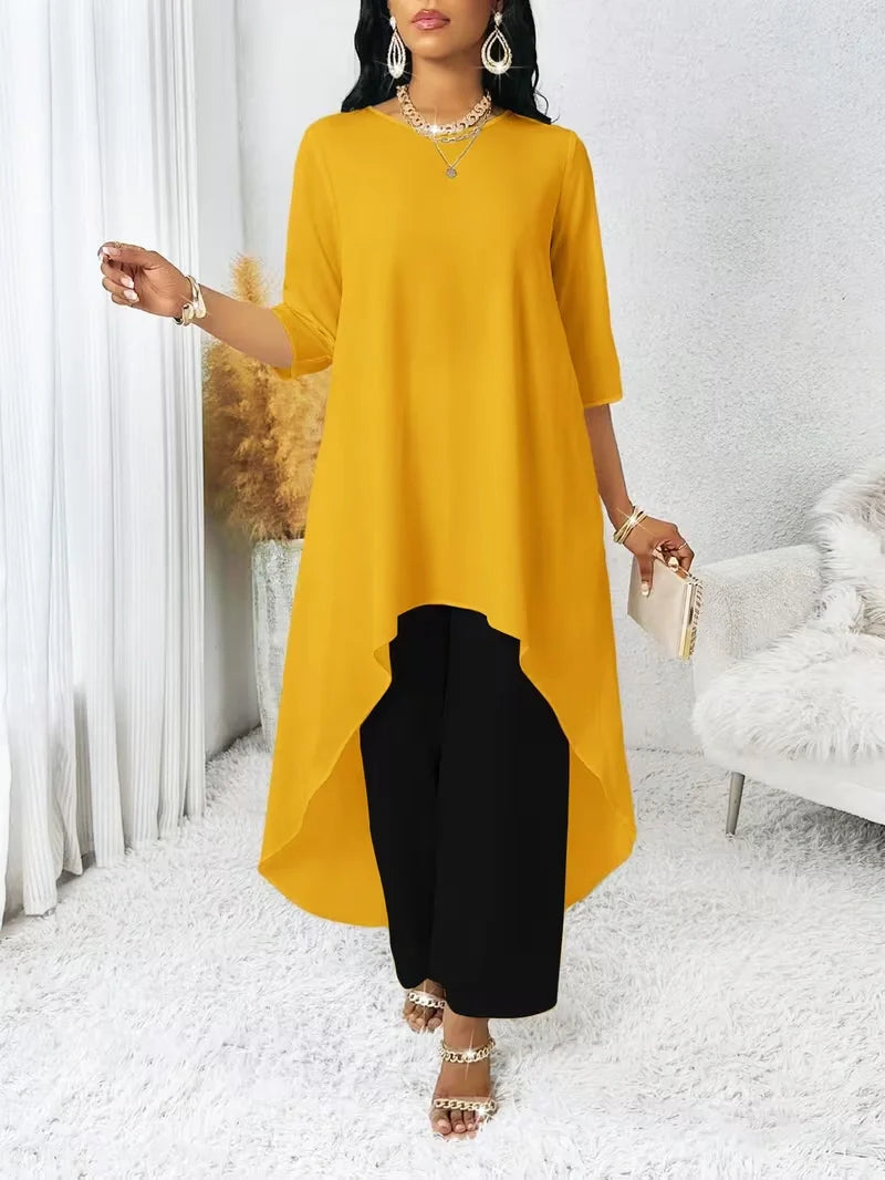 Irregular Hem Longline Top and Wide Leg Pants Set for Women — Plus Size Two Tone Co-ord