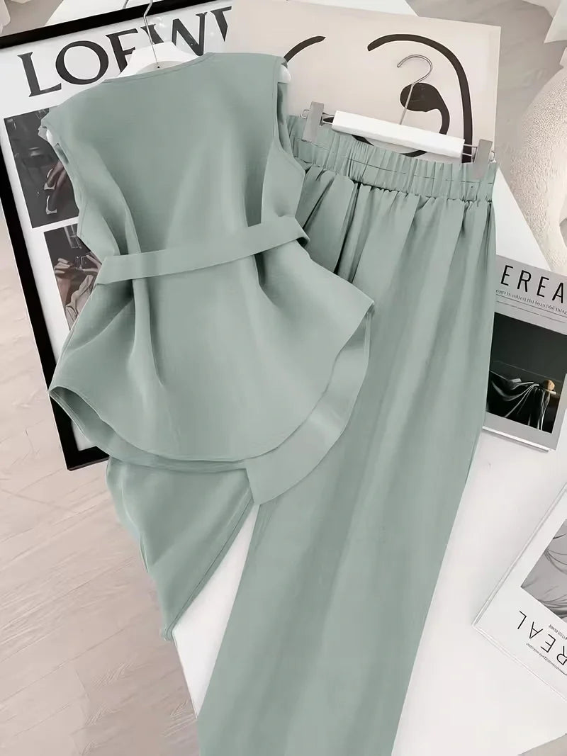 Belted Sleeveless Top and Straight Leg Pants Co-ord Set for Women