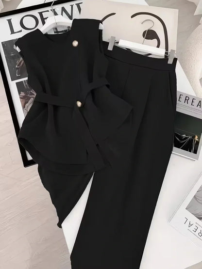 Belted Sleeveless Top and Straight Leg Pants Co-ord Set for Women