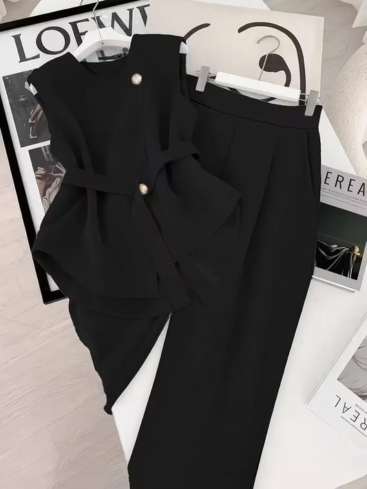 Belted Sleeveless Top and Straight Leg Pants Co-ord Set for Women