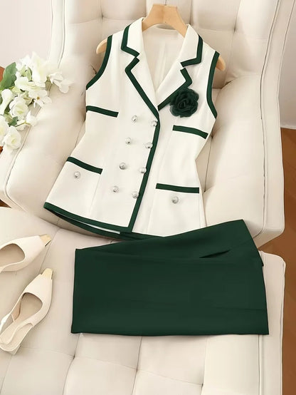 2-Piece Contrast Collar Blazer and Pencil Skirt Set Boosts Workplace Confidence