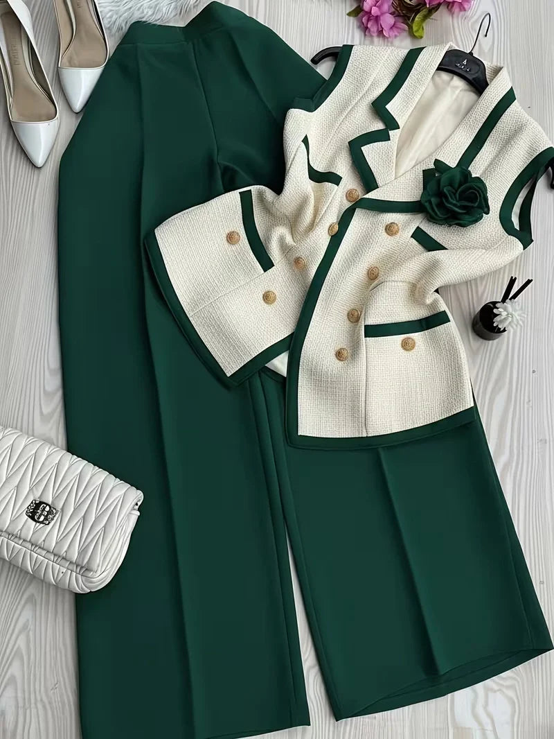 2-Piece Contrast Collar Blazer and Pencil Skirt Set Boosts Workplace Confidence