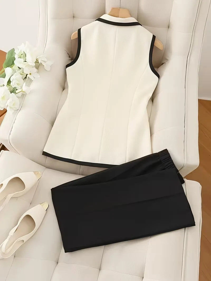 2-Piece Contrast Collar Blazer and Pencil Skirt Set Boosts Workplace Confidence