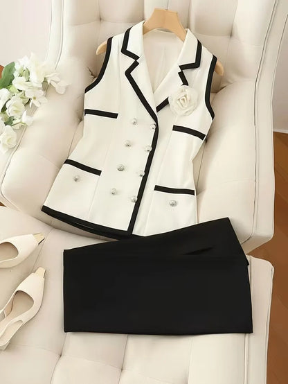 2-Piece Contrast Collar Blazer and Pencil Skirt Set Boosts Workplace Confidence
