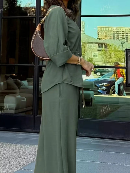 Drawstring Shirt Top and Wide Leg Pants Co-ord Set for Women — 2 Piece Casual Daily Wear