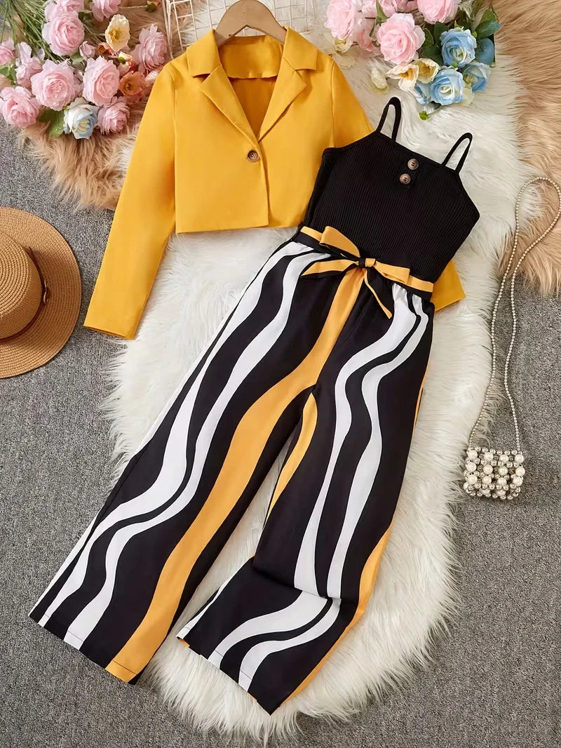 Girls Two Piece Jumpsuit Set with Structured Jacket and Belted Waist Fit