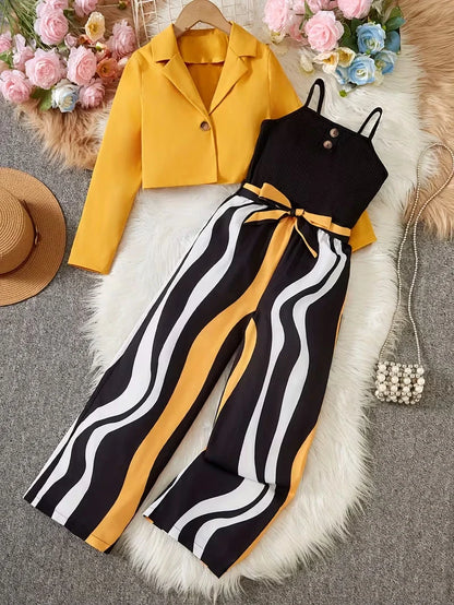 Girls Two Piece Jumpsuit Set with Structured Jacket and Belted Waist Fit