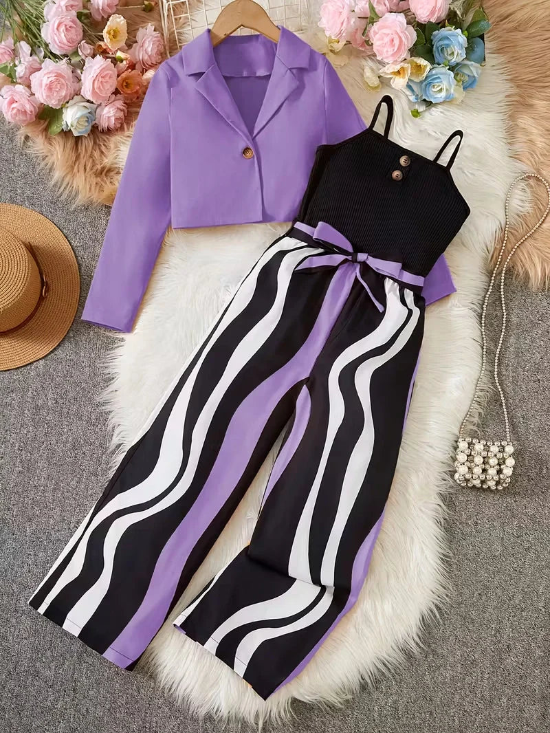 Girls Two Piece Jumpsuit Set with Structured Jacket and Belted Waist Fit
