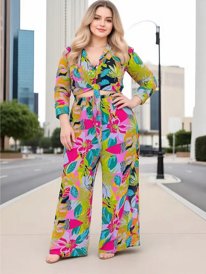 Women’s Printed Two Piece Set with Tie Front Top and Wide Leg Pants