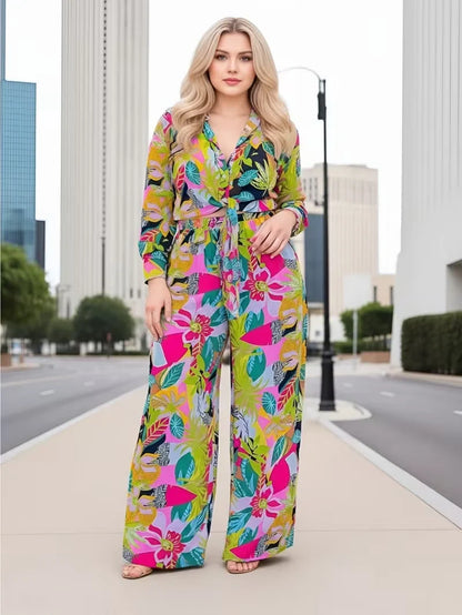 Women’s Printed Two Piece Set with Tie Front Top and Wide Leg Pants
