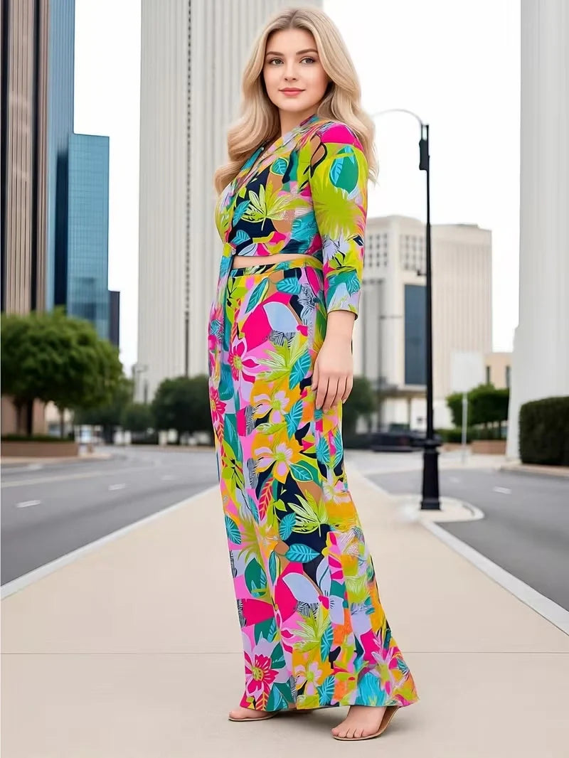 Women’s Printed Two Piece Set with Tie Front Top and Wide Leg Pants