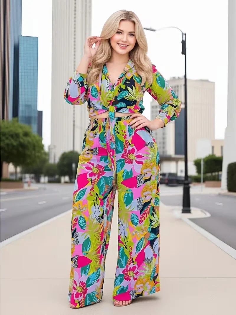 Women’s Printed Two Piece Set with Tie Front Top and Wide Leg Pants