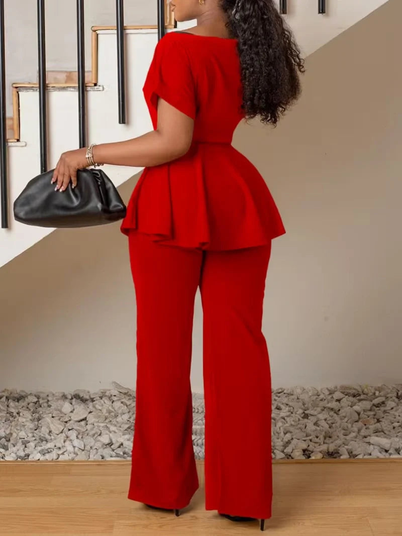 Women’s Plus Size Two Piece Set with Tie Front Top and Wide Leg Pants