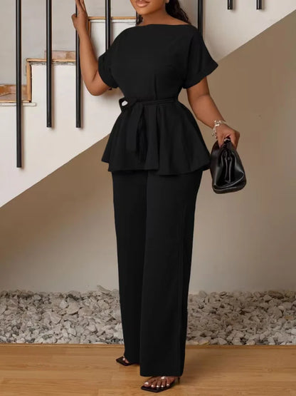 Women’s Plus Size Two Piece Set with Tie Front Top and Wide Leg Pants