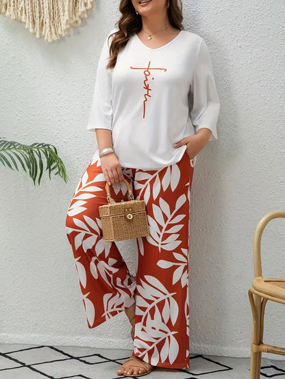 Women’s Plus Size Two Piece Set with Flowing Pants and Relaxed Sleeve Top