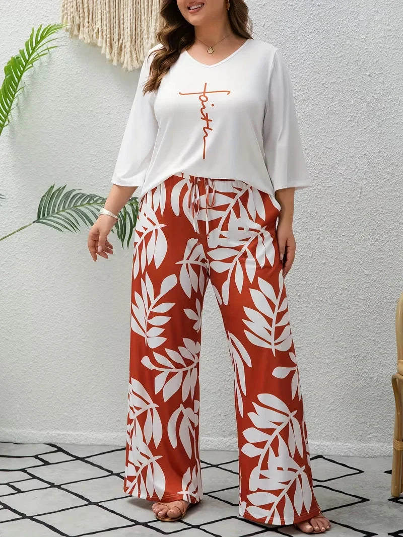 Women’s Plus Size Two Piece Set with Flowing Pants and Relaxed Sleeve Top