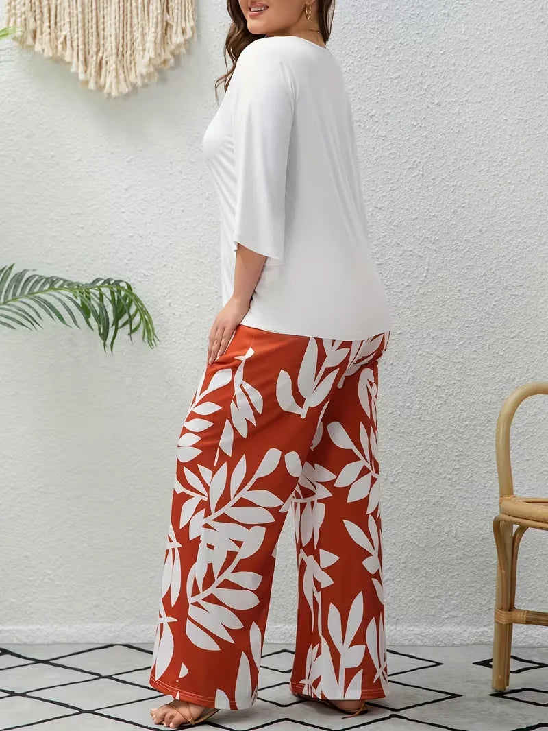 Women’s Plus Size Two Piece Set with Flowing Pants and Relaxed Sleeve Top