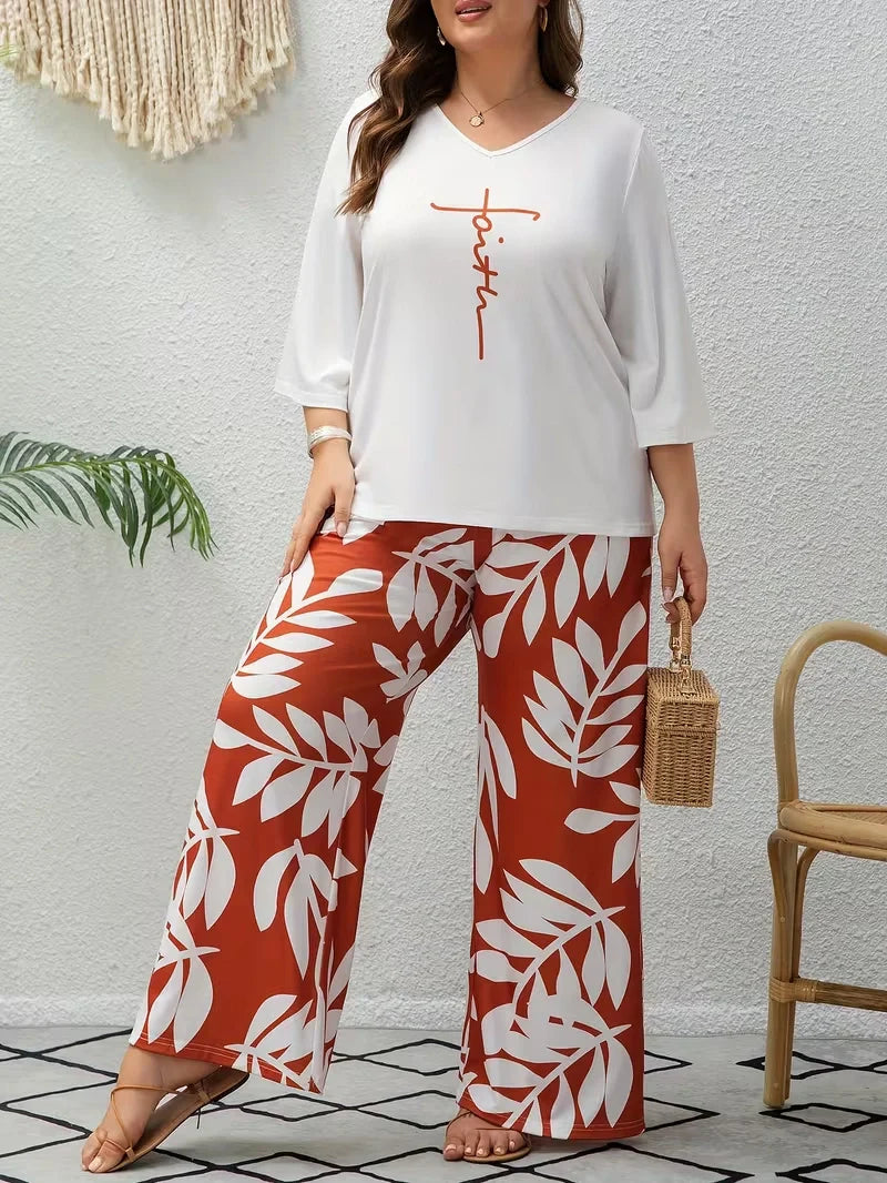 Women’s Plus Size Two Piece Set with Flowing Pants and Relaxed Sleeve Top