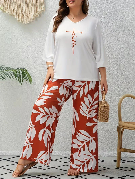 Women’s Plus Size Two Piece Set with Flowing Pants and Relaxed Sleeve Top