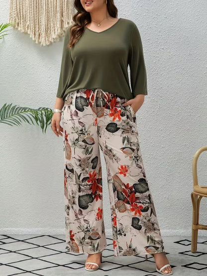 Women’s Plus Size Two Piece Set with Flowing Pants and Relaxed Sleeve Top