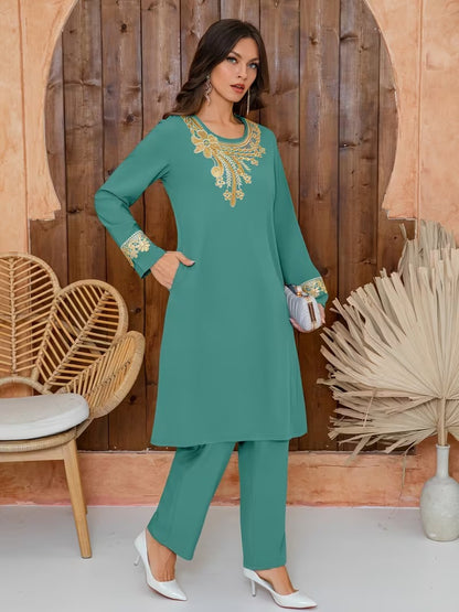 Luxury Floral Embroidered Pants Set