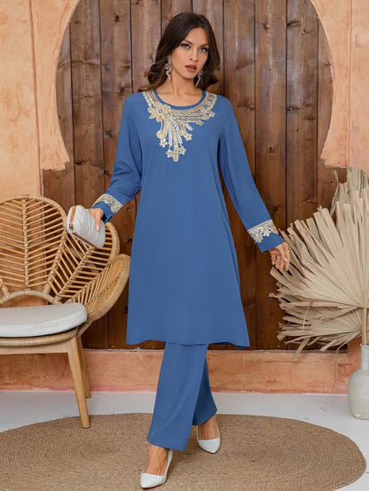Luxury Floral Embroidered Pants Set
