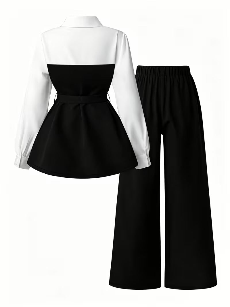 Women's Plus Size Bow Tie Waist Co-Ord Set with Wide-Leg Pants