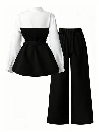 Women's Plus Size Bow Tie Waist Co-Ord Set with Wide-Leg Pants
