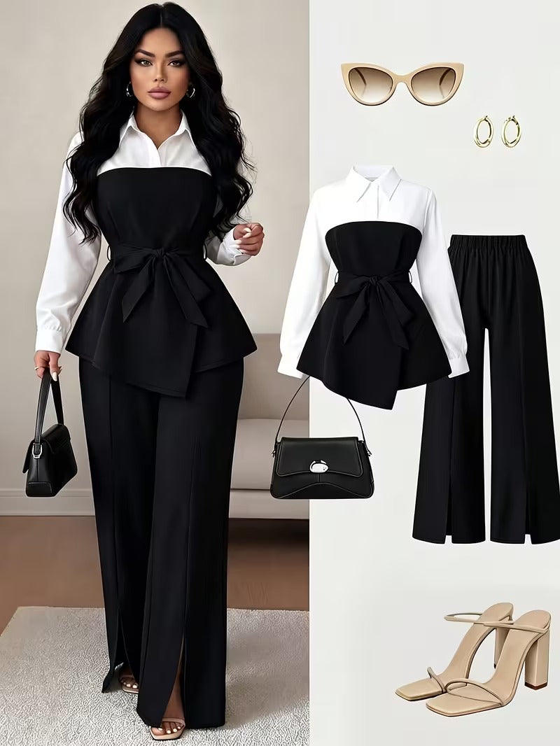 Women's Plus Size Bow Tie Waist Co-Ord Set with Wide-Leg Pants